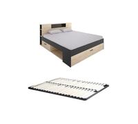 Lit avec tête de lit rangements et tiroirs - 160 x 200 cm - Coloris : Naturel et anthracite + Sommier - LEANDRE