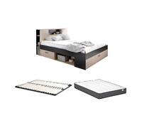 Lit avec tête de lit rangements et tiroirs - 160 x 200 cm - Coloris : Naturel et anthracite + Sommier + Matelas - LEANDRE