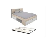 Lit avec tête de lit rangements et tiroirs - 160 x 200 cm - Coloris : Naturel et blanc + Sommier - LEANDRE