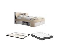 Lit avec tête de lit rangements et tiroirs - 160 x 200 cm - Coloris : Naturel et blanc + Sommier + Matelas - LEANDRE