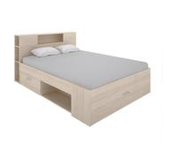 Lit avec tête de lit rangements et tiroirs - 160 x 200 cm - Coloris : Naturel - LEANDRE