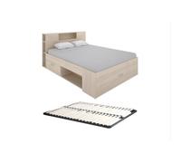 Lit avec tête de lit rangements et tiroirs - 160 x 200 cm - Coloris : Naturel + Sommier - LEANDRE