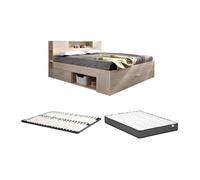 Lit avec tête de lit rangements et tiroirs - 160 x 200 cm - Coloris : Naturel + Sommier + Matelas - LEANDRE