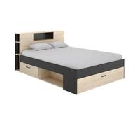 Lit avec tête de lit rangements et tiroirs - 160 x 200cm - Coloris : Naturel et anthracite - LEANDRE