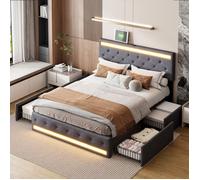 lit avec tiroir 140x190cm - Double lit rangement lin gris - LED réglable bleu - 4 tiroirs & USB Type-C-Design contemporain