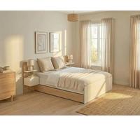 Lit avec tiroirs 160 x 200 cm ? Avec 2 chevets et tablettes - Blanc et naturel + Sommier ? KLYRANA