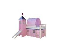 Homestyle4u Lit mezzanine pour enfants 90 x 200 cm – toboggan, tour, tunnel, rideau rose