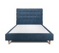Lit avec tte de lit capitonne tissu et sommier tapissier bleu 135x190 H35cm