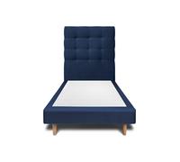 Lit avec tte de lit capitonne velours et sommier tapissier bleu 90x190 H29cm