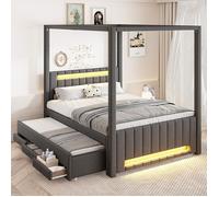 Lit Baldaquin 140x200 avec Lit Gigogne et Trois Tiroirs, Lit Double avec Sommier à Lattes et éclairage LED, Gris, (sans Matelas)