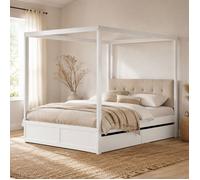 Lit baldaquin 140x200 cm avec 2 tiroirs tête de lit rembourrée rangement sous lit blanc métal et bois FOLYNA