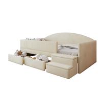 Lit banquette 90/190 cm beige en velours avec rangements et marche antidérapante