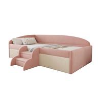 Lit banquette 90/190 cm rose et blanc en velours rembourré avec barrières
