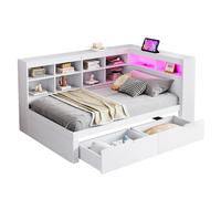 Lit banquette 90/200 cm blanc en bois massif avec LED USB et rangements