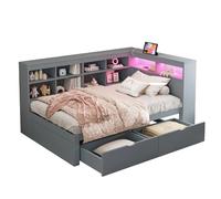 Lit banquette 90/200 cm gris en bois avec LED USB et rangements