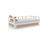 IDMarket Lit banquette Zoya 90x190 cm convertible 180x190 cm blanc et hêtre avec tiroir de rangement