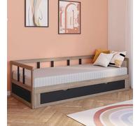 Lit banquette 90 x 190 cm zoya convertible 180 x 190 cm hêtre et noir avec 1 tiroir de rangement