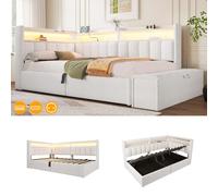 Lit banquette 90 x 200 cm avec rangement hydraulique, banquette coffre mobile, rangements ouverts, LED RGB avec application, USB-A/USB-C, prise, beige/gris