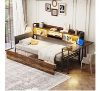 Lit Banquette 90x200 cm - Avec LED, Tiroirs et Prises Multifonctions - Bois et Métal, Blanc/Holzfarbe, Sans Matelas