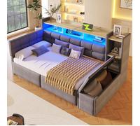 lit banquette adulte rangement LED USB 90x190 velours gris fonce avec 2 tiroirs et banc coffre EVRYAE