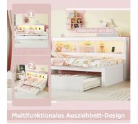 Lit banquette convertible 90x200 cm blanc avec LED, rangement latéral, lit extensible, prise électrique et USB sans matelas