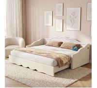 Lit banquette extensible 90/180 x 200 cm velours beige LED USB-C design fleur daybed convertible lit enfant chambre cosy chic zen