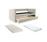 Lit banquette gigogne capitonné - 2 x 90 x 190 cm - Tissu - Beige + Matelas - LOUISE