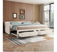 Lit banquette - KOMHTOM - Lit banquette/canapé-lit 90x200 - Gigogne extensible - 2 tiroirs - Lin beige