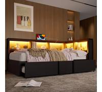 Lit banquette métallique 90x200 cm avec lit gigogne, 5 armoires, tête de lit LED, USB et prises électriques, noir, métal et MDF