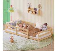 Lit bas Montessori avec barrières de sécurité – Sans sommier à lattes, lit d'enfant plat en pin, montage facile (90 x 200 cm, couleur naturelle)