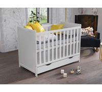Lit bébé 120x60 cm blanc avec tiroir et barrière de sécurité – Lit à barreaux en bois, sommier à lattes réglable en 3 hauteurs, transformable en lit pour enfant, barrière de sécurité incluse