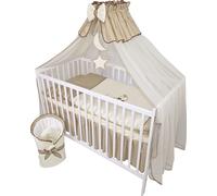 lit bébé 13 pièces lit d'enfant et literie set complet Timmi y compris matelas réglable en hauteur pour nouveau-nés et jeunes enfants en bois massif brodé (ourson lune beige foncé)