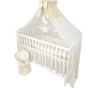 lit bébé 13 pièces lit d'enfant et literie set complet Timmi y compris matelas réglable en hauteur pour nouveau-nés et jeunes enfants en bois massif brodé (ourson lune beige clair)