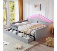 Lit bébé 140 x 200 cm avec barre lumineuse LED, 2 tiroirs, sommier à lattes, lit pour adolescents, lit simple, gain de place, gris
