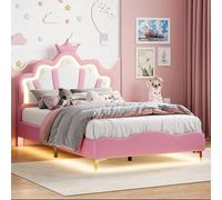 Lit bébé 140x190 cm, lit rembourré avec tête de lit en forme de couronne, système RGB, tête de lit réglable en hauteur, sommier à lattes, couleur rose, jusqu'à 200 kg, sans matelas