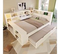 Lit bébé 140x200 cm avec lit superposé, lit double avec station de charge USB Type C, lit avec rangement intégré, lit en bois pour adultes et adolescents, blanc, sans matelas