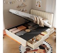 Lit bébé 140x200 cm avec revêtement en velours et système à ressort à gaz, lit de repos beige avec coffre de rangement hydraulique, 3 tiroirs et éclairage LED
