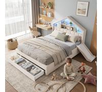Lit bébé 140x200 cm, beige, maisonnette avec toboggan, éclairage LED, prise de courant, tête de lit avec étagères et coffre de rangement intégré