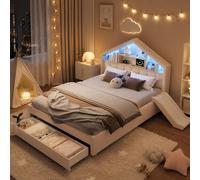 Lit bébé 140x200 cm, lit-cabane beige rembourré avec toboggan et coffre de rangement, tête de lit en forme de cabane avec des étagères pour la chambre d'enfant