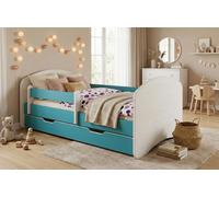 Lit bébé 140x70 bleu avec matelas et tiroir – Lit complet avec sommier à lattes, barrière de sécurité – Stable jusqu'à 95 kg