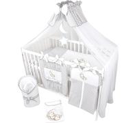 lit bébé 16 pièces lit d'enfant et literie set complet Timmi y compris matelas réglable en hauteur pour nouveau-nés et jeunes enfants en bois massif (gris - ourson lune)