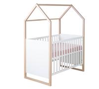 roba 2in1 Lit bébé & d'appoint Cabane en aspect maison - 60 x 120 cm - réglable en hauteur 6 fois - 5 barreaux amovibles - bicolore - bois naturel + blanc