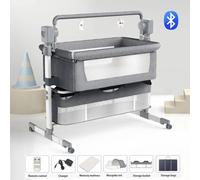 Lit bébé 3-en-1, convertible en lit d'appoint - 5 vitesses - Fonction berceuse intelligente - Hauteur réglable - Équipé de roulettes - Tissu respirant - Gris moyen
