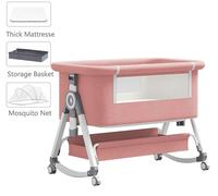 Lit bébé 3 en 1 - Lit pour enfant - Pliable - Réglable en hauteur - Avec moustiquaire - Monté sur roulettes - Rose
