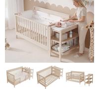 Lit bébé 3-en-1 Merax 140 x 70 cm, lit d'enfant en bois massif, réglable en hauteur sur 3 niveaux, mode lit d'appoint et canapé, avec table à langer, étagère, barrière de sécurité, finition naturelle