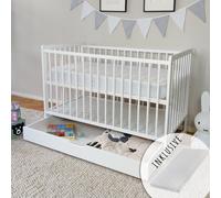 Lit bébé 60x120 cm avec matelas et tiroir Lit d'enfant à barreaux réglable en hauteur & barreaux amovibles | blanc très stable Europe