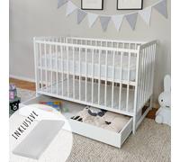 Lit bébé 60x120 cm avec tiroir et matelas Lit d'enfant à barreaux réglable en hauteur & barreaux amovibles | blanc très stable Europe