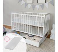 Lit Bébé 60x120 cm - Lit évolutif avec Matelas et Sommier - 3 Hauteurs - Tiroir -Barreaux Amovibles - Pin Massif - Blanc