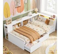 Lit bébé 90 x 200 cm, lit pour adolescents, lit simple avec LED et espace de rangement | Lit convertible, lit avec rangement, lit en bois, lit-armoire avec bibliothèque, 3 tiroirs et 3 compartiments d