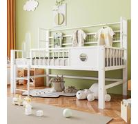 Lit bébé 90 x 200 cm, lit superposé bas avec barrière de sécurité, espace de rangement, tringle à vêtements et étagère en filet, lit pour adolescents, lit simple, blanc, structure en métal